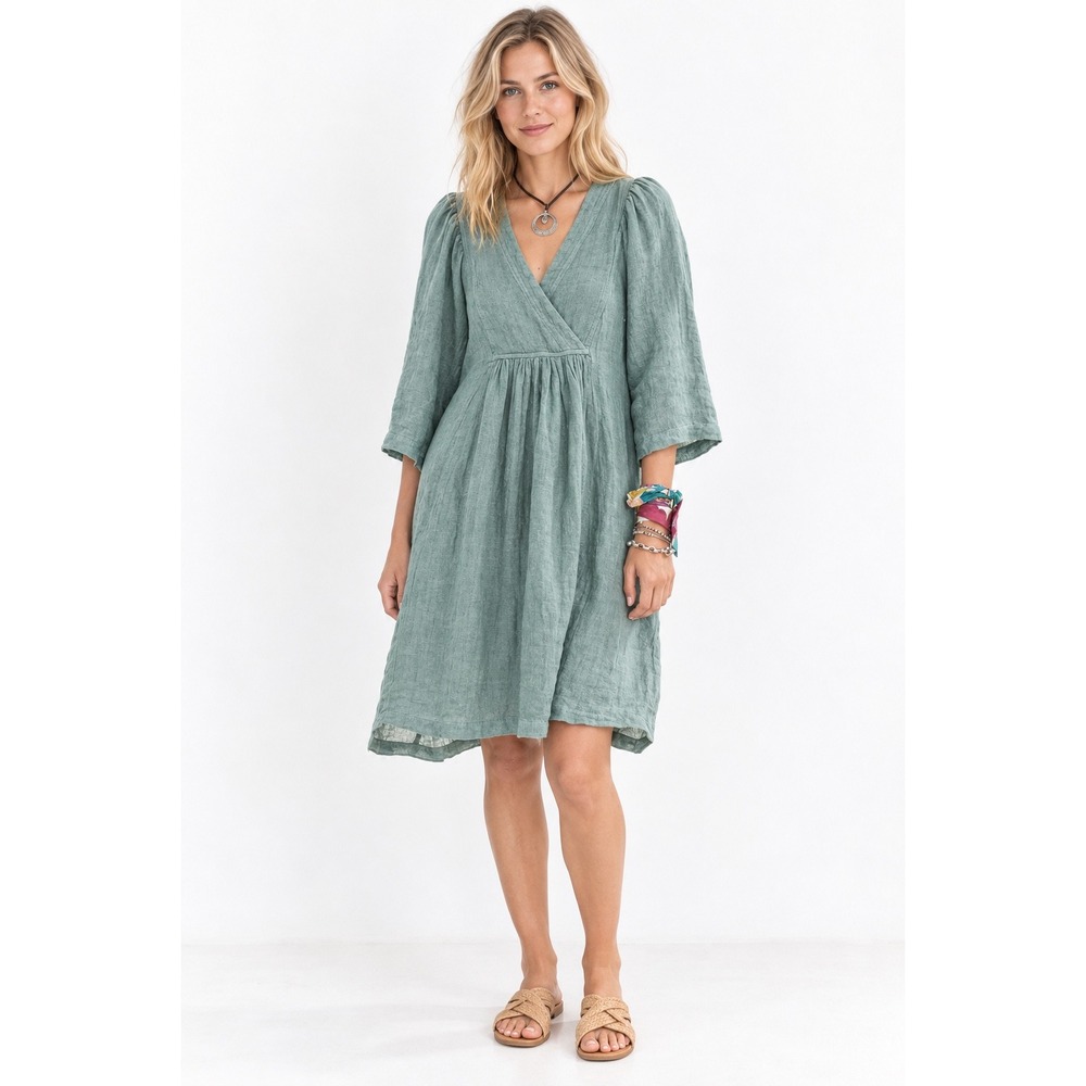 Sundance Linen Tunic Dress PL Sage Green V-Neck Puff Sleeve Pocketed Mini